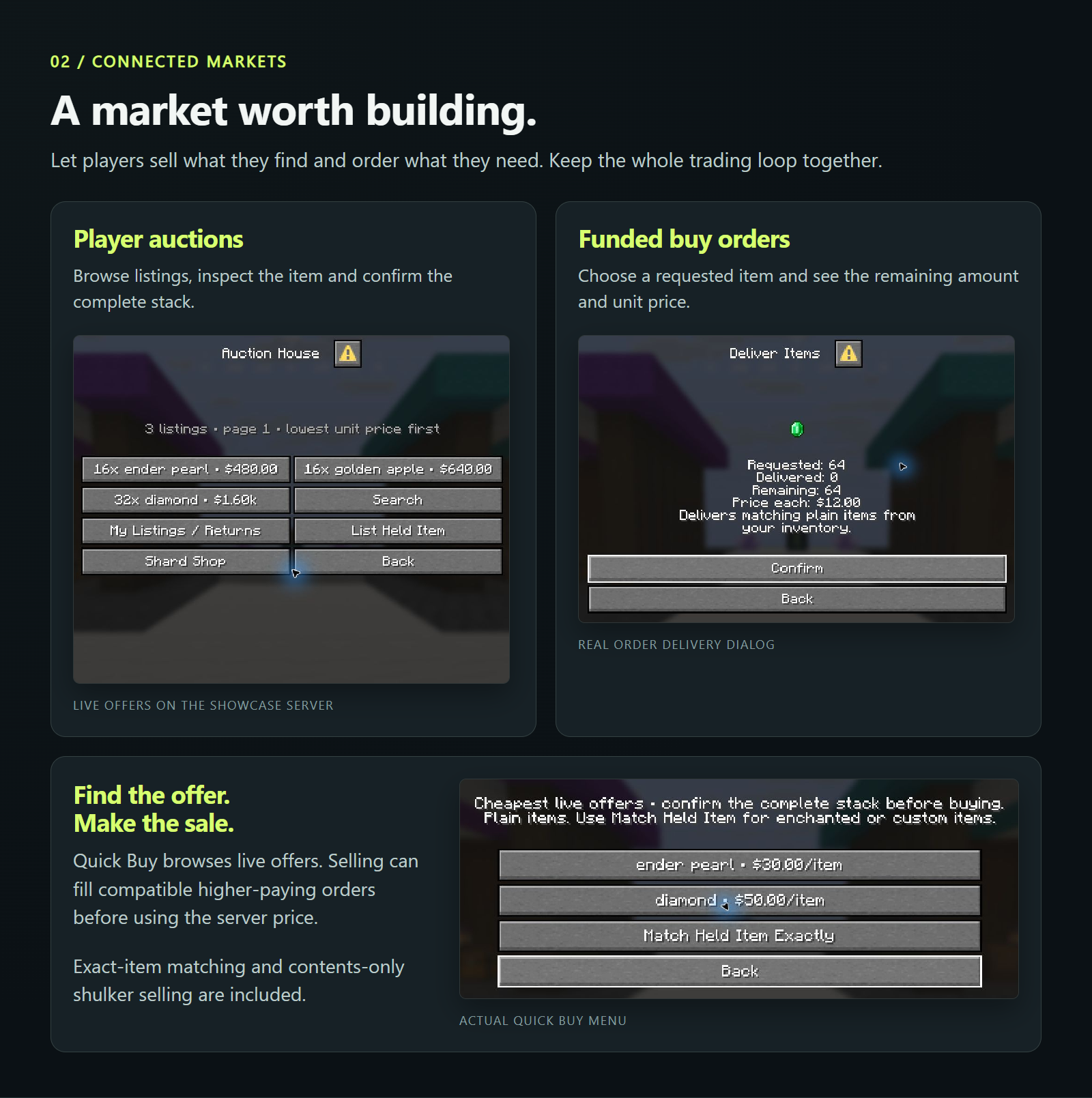 Real auction, funded order and Quick Buy screens from the 0.5.0 capture
