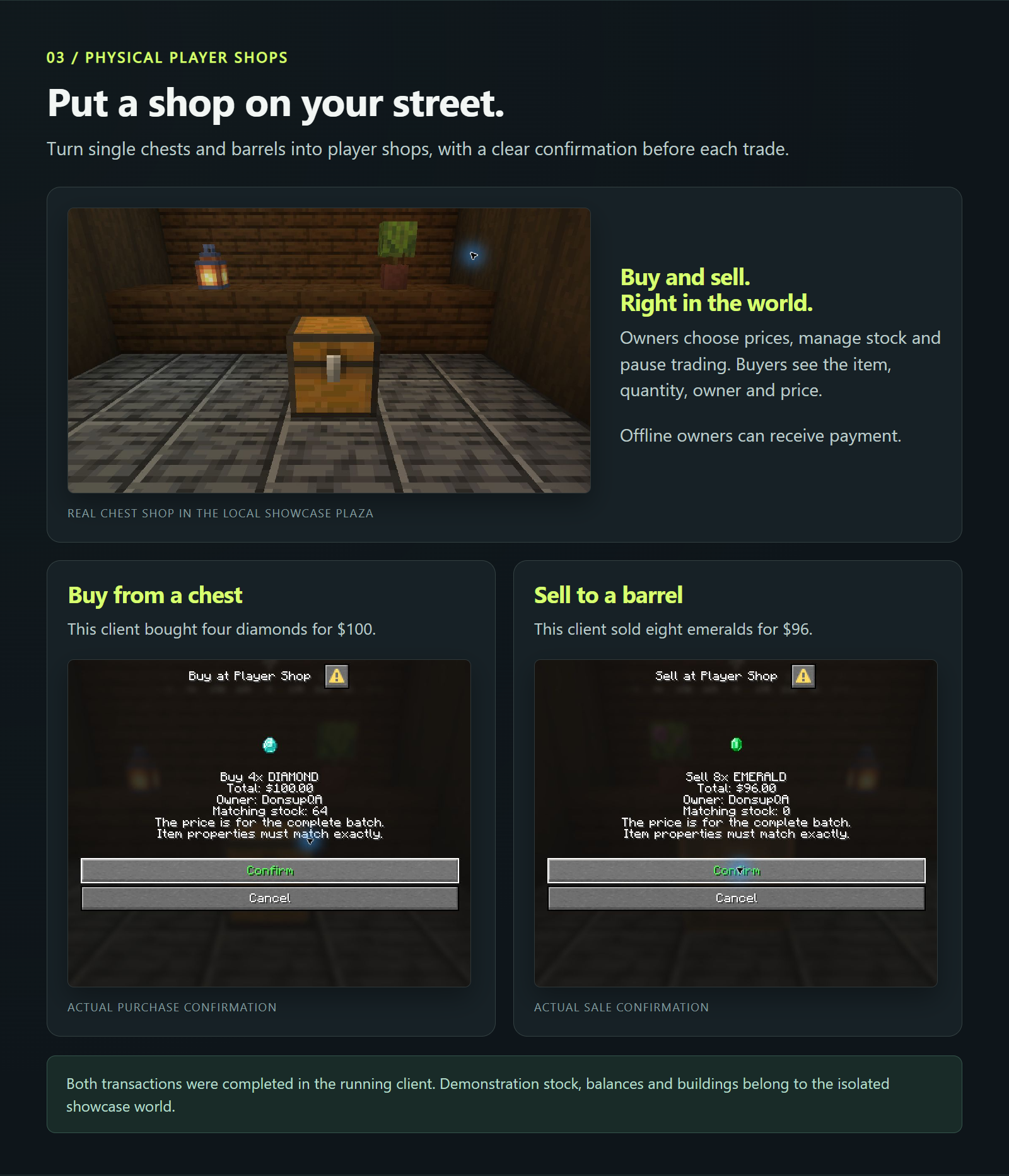 Real single-chest and barrel shops and their transaction confirmations