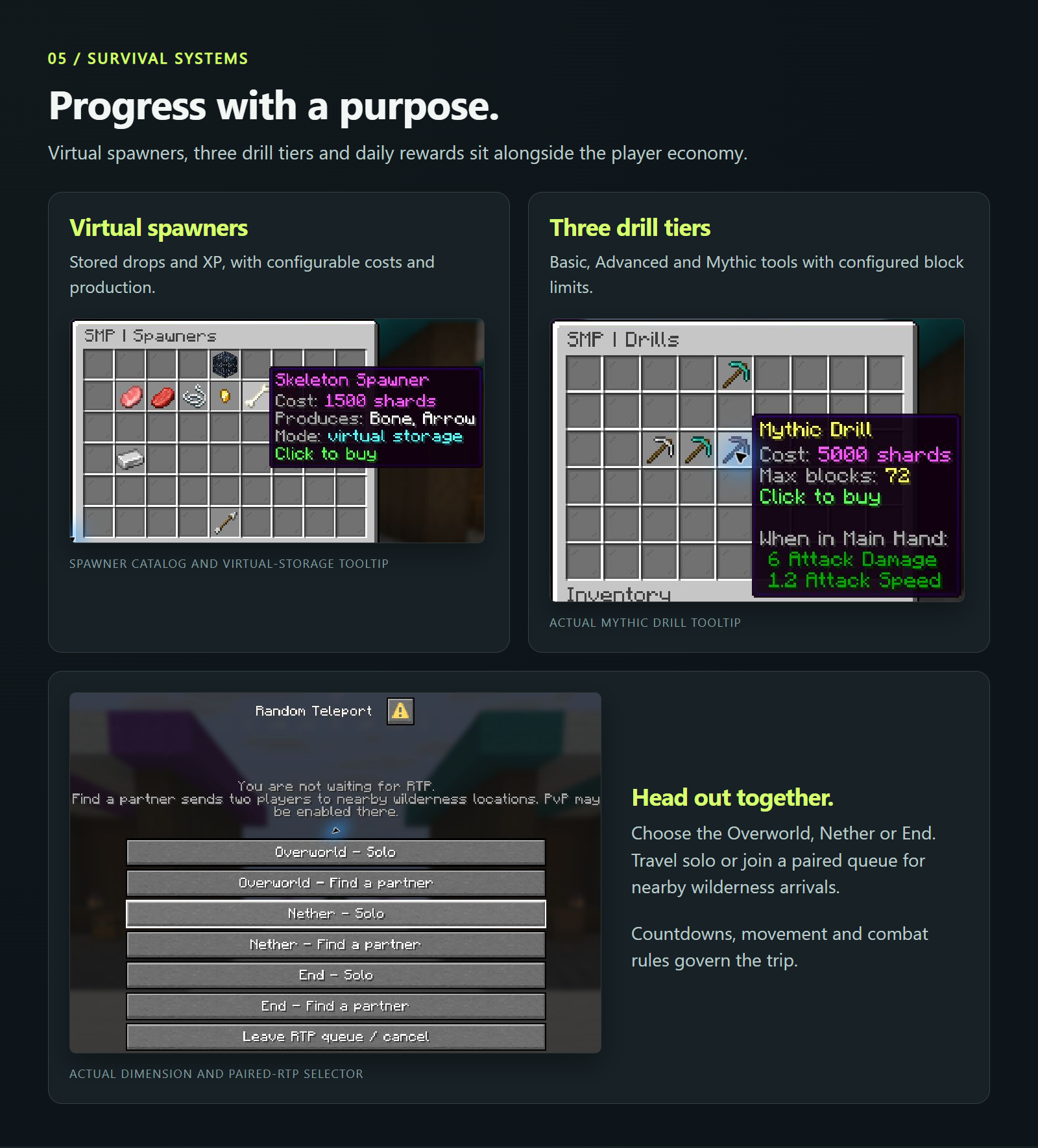 Real RTP, virtual spawner and drill menus