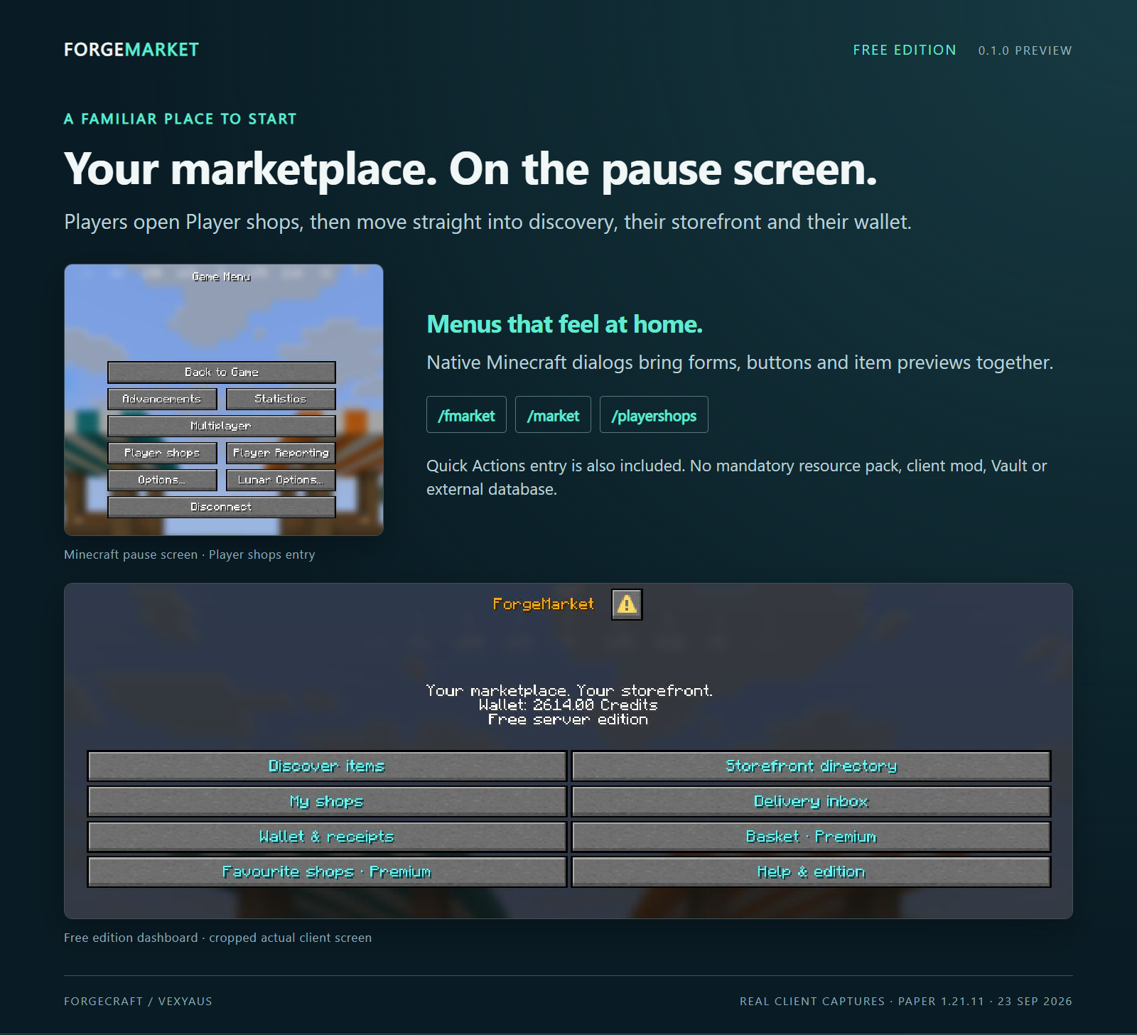 Real ForgeMarket native menus from the earlier 0.1.0 release